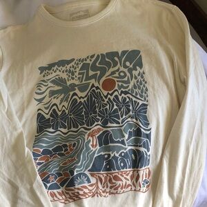 Patagonia Cream Long Sleeve Tee with Blue & Rust Graphic